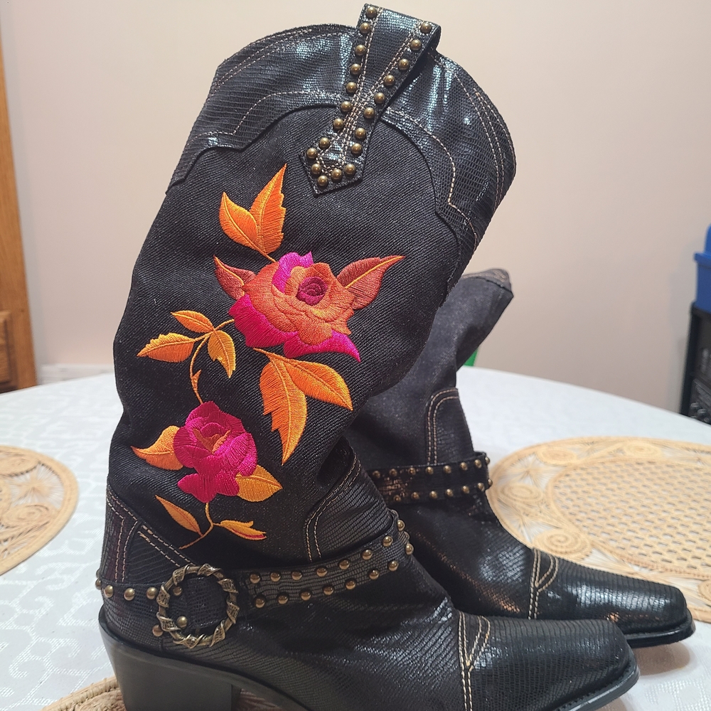 J.Renee Black Heeled Boots with Pink & Orange Floral Embroidery
